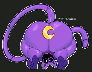 ambiguous_gender anthro bent_over_with_legs_held_straight big_butt black_eyes bubble_butt butt butt_focus creepy_face crescent_moon folded fur glistening glistening_body huge_butt huge_hips jewelry long_tail looking_at_viewer moon necklace pose presenting presenting_hindquarters pupils purple_body purple_fur semi-anthro simple_background smile solo stitch_(sewing) tail thick_thighs tongue white_pupils wide_hips sushiamazing mob_entertainment poppy_playtime smiling_critters catnap_(poppy_playtime) critters_(poppy_playtime) domestic_cat felid feline felis mammal 2024 hi_res