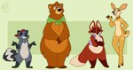 anthro band_(marking) banded_tail brown_body brown_fur clothed clothing featureless_crotch female fur grey_body grey_fur group hat headgear headwear hooves jewelry kerchief male markings necklace open_clothing open_mouth open_topwear open_vest red_body red_fur size_difference smile spots spotted_markings standing tail tail_markings tan_body tan_fur teeth thick_thighs toony topwear vest white_body white_fur starthewerewolf mating_season_(series) badger canid canine deer fox mammal mustelid musteline procyonid raccoon absurd_res hi_res