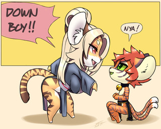 anthro bell big_breasts breasts chibi cleavage clothed clothing collar crouching duo female fur gesture green_eyes green_sclera hand_gesture huge_breasts male multi_tail orange_body orange_fur pointing red_eyes stripes tail white_body white_fur furball down_boy_(meme) han_jiao_hu trace_(nrg900) felid feline hybrid lynx mammal pantherine tiger 2025 5:4