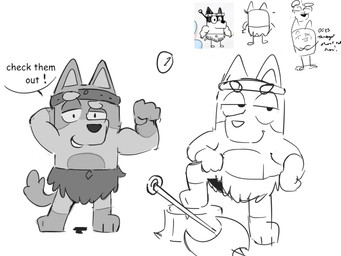 accessory anthro axe barbarian bottomwear clothing dialogue flexing headband male muscular muscular_male screencap simple_background smile solo text tree_stump mightiezz bluey_(series) bandit_heeler australian_cattle_dog canid canine canis cattledog domestic_dog herding_dog mammal pastoral_dog 4:3 english_text monochrome sketch