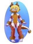 anthro armor blonde_hair bulge clothed clothing details fluffy front_view hair horn male skimpy solo standing tail topless underwear warrior young galo mythology dragon mythological_creature mythological_scalie scalie 2020 absurd_res full-length_portrait hi_res portrait