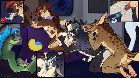 anal anal_penetration anthro anthro_on_anthro anthro_penetrated anthro_penetrating anthro_penetrating_anthro antlers balls black_body black_fur blue_eyes blue_hair blue_penis bodily_fluids brown_body brown_fur brown_hair butt close-up collar collar_only countershade_balls countershade_butt countershade_genitalia countershade_neck countershade_tail countershade_torso countershading cum cum_in_mouth cum_inside cumshot cutaway ejaculation erection fellatio fur furniture genital_fluids genitals green_body green_eyes group group_sex hair hair_grab head_grab horn humanoid_genitalia humanoid_penis kneeling licking licking_lips long_hair male male/male male_anthro male_penetrated male_penetrating male_penetrating_male masturbation nude nude_anthro nude_male open_mouth open_smile oral orgy pawpads penetration penile penile_penetration penis penis_in_ass penis_in_mouth pink_penis rimming sex sitting slightly_chubby slightly_chubby_anthro slightly_chubby_male smile sofa sofa_sex standing tail tan_body tan_fur teeth tongue tongue_out touching_hair white_body meldritchhorror artimus_(character) cherno_(sarkethus) alien deer hyena mammal spotted_hyena 16:9 2018 4k absurd_res hi_res widescreen