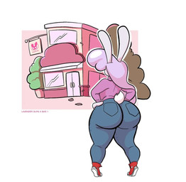 anthro bar big_butt bottomwear butt clothing cotton_tail denim denim_bottomwear denim_clothing female footwear hair huge_butt jeans long_ears long_hair pants rear_view shoes sneakers solo sweater topwear plushii_b lavender_buns lagomorph leporid mammal rabbit