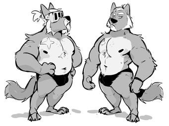 age_difference anthro beard bracelet clothing comparison duo facial_hair jewelry male male/male mature_male scar simple_background thong top_knot underwear visor wounded haps adastra adastra_(series) echo_project cato_(adastra) canid canine canis mammal wolf greyscale hi_res monochrome