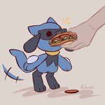 ambiguous_gender anthro biped blue_body duo fingers food sandwich_(food) simple_background tail tail_motion tailwag young young_ambiguous young_anthro advos nintendo pokemon generation_4_pokemon human mammal pokemon_(species) riolu 1:1