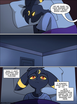 anthro anthrofied bed bedding bedroom black_body black_ears black_eyebrows black_fur black_nose black_text blanket ceiling clothed clothed_anthro clothed_male clothing dialogue door ear_markings eyebrows facial_markings frown fur furniture glowing glowing_eyes glowing_markings grey_clothing grey_shirt grey_topwear head_markings inside looking_up lying lying_on_bed male markings offscreen_character on_back on_bed on_side pillow pokemorph pupils red_eyes ring_(marking) shirt slit_pupils solo speech_bubble t-shirt text text_box topwear wall_(structure) white_speech_bubble white_text_box yellow_markings yellow_sclera odeko-yma nintendo pokemon pokemon_mystery_dungeon spike_chunsoft lucky_(odeko-yma) pix_(odeko-yma) eeveelution generation_2_pokemon pokemon_(species) umbreon 2026 absurd_res artist_name comic english_text hi_res