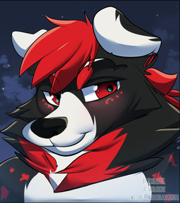 anthro black_nose cloud eyebrows fur hair happy male multicolored_body multicolored_fur neck_tuft night outside red_eyes red_hair solo star tuft white_eyebrows skylar_kie canid canine canis domestic_dog mammal hi_res portrait