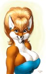 anthro big_breasts blonde_hair blue_clothing blue_dress breasts cleavage clothed clothing dress ear_piercing female hair piercing smile solo strapless_clothing strapless_dress rjbartrop_(artist) playboy little_annie_fanny canid canine fox mammal half-length_portrait portrait