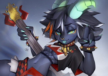 anthro bass_guitar black_clothing black_hair black_topwear blue_body blue_claws blue_horn blue_sclera blue_tongue bottomwear bracelet breasts claws clothing collar facial_piercing female female_anthro finger_claws fishnet_clothing forked_tongue glistening glistening_eyes green_eyes green_horn guitar hair holding_guitar holding_musical_instrument holding_object horn jewelry looking_at_viewer medium_breasts mouth_closed multicolored_hair musical_instrument navel nose_piercing nose_ring orange_hair piercing plucked_string_instrument red_bottomwear red_clothing red_collar ridged_horn ring_piercing septum_piercing septum_ring solo spiked_bracelet spiked_collar spikes string_instrument thick_thighs tongue tongue_out topwear under_boob white_hair wide_hips shermugi hi_res