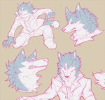 animal_ears anthro biped blue_body blue_fur body_fur bottomwear claws clothing commentary_request ears_up fur hair jacket male neck_tuft pants pupils red_line_art sharp_teeth shirt short_hair simple_background slit_pupils solo tail teeth topwear tuft white_body white_fur wolf_ears wolf_tail yellow_background minazukishiro brand_new_animal studio_trigger shirou_ogami canid canine canis mammal wolf colored_line_art hi_res