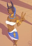 anthro bandeau black_hair bottomwear bracelet breasts brown_body brown_skin clothing crown female hair headgear jewelry navel necklace skirt solo topwear sacrificabominat egyptian_mythology middle_eastern_mythology mythology zenonzard anbs-02 anubis canid canine canis deity jackal mammal absurd_res hi_res