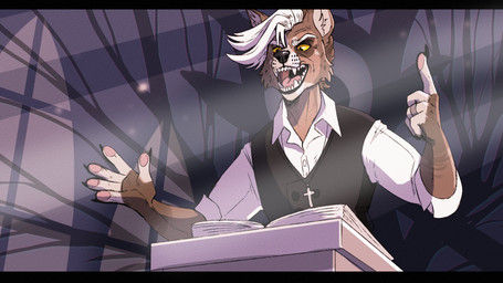 anthro black_clothing black_nose black_topwear black_vest book brown_body brown_fur cheek_tuft clothed clothing cross cross_necklace facial_tuft fangs front_view fur glistening glistening_eyes hair jewelry male necklace open_mouth pink_tongue simple_background solo teeth tongue topwear tuft unsigned vest white_body white_clothing white_fur white_hair white_topwear swampjaws kenneth_goodwin canid canine canis mammal red_wolf wolf 16:9 hi_res letterbox widescreen