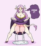 anthro blush bodily_fluids bottomwear breaking_the_fourth_wall breasts breasts_and_teats cleavage clothed clothing clothing_lift command commanding_viewer dialogue dominant dominant_female dress female green_eyes heterochromia hooves lactating milk_puddle pink_background presenting_udders projectile_lactation puddle purple_eyes simple_background skirt skirt_lift solo speech_bubble spread_legs spreading tail tail_under_skirt talking_to_viewer teats text udders sera-fuku idunn_(fire_emblem) bovid bovine cattle mammal english_text hi_res