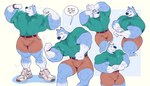 anthro belt big_biceps big_muscles big_pecs blue_body blue_fur bodily_fluids bottomwear brown_belt clock clothing clothing_pull double_biceps_pose flexing footwear fur green_collared_shirt hotpants huge_arms huge_legs huge_muscles huge_pecs looking_at_viewer male multicolored_body multicolored_fur muscular muscular_anthro muscular_male musk musk_clouds pecs pose red_bottomwear red_clothing red_shorts runners sexy_eyes shirt shirt_pull shirt_tucked_in shoes shorts smile smiling_at_viewer smirk smirking_at_viewer solo speech_bubble sweat thick_thighs topwear topwear_pull watch white_body white_clothing white_footwear white_fur white_shoes mezcal_(artist) road_rovers warner_brothers exile_(road_rovers) canid canine canis domestic_dog husky mammal nordic_sled_dog siberian_husky spitz 2023 hi_res pinup