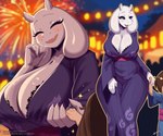 4_fingers ambiguous_gender anthro asian_clothing big_breasts blush breasts brown_hair cleavage clothed clothing duo east_asian_clothing eyebrows eyelashes eyes_closed female fingers fireworks fur glistening glistening_breasts green_eyes hair hand_holding horn huge_breasts japanese_clothing kimono open_mouth open_smile smile sparkles thick_thighs white_body white_fur wide_hips lyorenth-the-dragon undertale undertale_(series) frisk_(undertale) toriel boss_monster_(undertale) bovid caprine goat human mammal 2025 hi_res