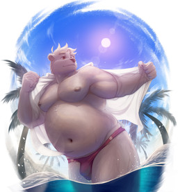 anthro belly big_belly bulge clothed clothing detailed_background kemono male moobs nipples open_clothing open_shirt open_topwear outside overweight overweight_male palm_tree plant shirt solo sun swimwear topwear tree guadr bear mammal polar_bear ursine 2025 absurd_res hi_res