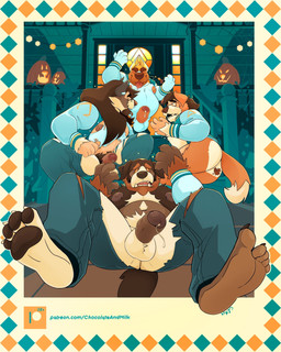 anthro balls blue_balls blue_body blue_bottomwear blue_clothing blue_fur blue_pants bodily_fluids bottomwear brown_body brown_fur brown_nipples clothed clothing cum cum_string erection foreskin fur genital_fluids genitals group humanoid_genitalia humanoid_penis jacket male male_anthro mid_transformation moobs mouth_closed nipples obese obese_anthro obese_male open_clothing open_jacket open_mouth open_topwear orange_body orange_fur outside overweight overweight_anthro overweight_male pants penis red_tongue spread_legs spreading tongue tongue_out topwear torn_bottomwear torn_clothing torn_pants white_balls white_body white_fur yellow_body yellow_fur chocolateandmilk richard_(chocolateandmilk) canid canine canis domestic_dog mammal hi_res