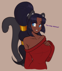 black_hair blue_eyes breasts clothed clothing dark_body dark_skin dialogue eyebrow_through_hair eyebrows eyelashes female hair hand_on_chest off_shoulder ponytail smile solo translucent translucent_hair scorpdk animal_humanoid felid felid_humanoid humanoid mammal mammal_humanoid pantherine pantherine_humanoid 2026 hi_res