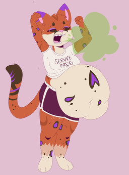 abdominal_bulge after_vore anthro belly bottomwear brown_body brown_fur burp_cloud burping clothing community_service crop_top digestion digestion_implied eyes_closed female fur navel open_mouth oral_vore orange_body orange_fur purple_body purple_fur service_pred shirt shorts silly slightly_chubby soft_vore solo stretching tan_body tan_fur topwear vore weirdocat sero_(feroxdoon) cougar felid feline hybrid jaguar mammal pantherine absurd_res hi_res