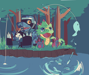 anthro armor digital_camo duo fishing fishing_rod forest green_body headgear helmet male plant sitting smile tree notaventura bandai_namco digimon commandramon digimon_(species) gekkomon scalie hi_res