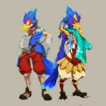 1:1 2018 anthro avian bird boots breath_of_the_wild clothing crossover duo falco_lombardi footwear green_eyes grey_background hand_on_hip hi_res jacket looking_at_viewer male nintendo revali rito scarf simple_background smile standing star_fox the_legend_of_zelda topwear たこ