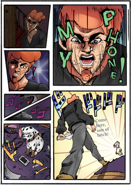 black_clothing black_spots black_sweater black_topwear bottomwear broken_phone brown_collar clothing collar dirty duo feral fur grey_bottomwear grey_clothing grey_pants hair holding_newspaper holding_object light_body light_skin male newspaper onomatopoeia orange_hair pants parody sound_effects spots sweater text topwear walking white_body white_fur 101_dalmatian_street 101_dalmatians disney jojo's_bizarre_adventure menacing_approach stardust_crusaders diesel_(101_dalmatians) mr._fuzzy_(101_dalmatians) canid canine canis dalmatian domestic_dog human mammal comic english_text hi_res japanese_text meme