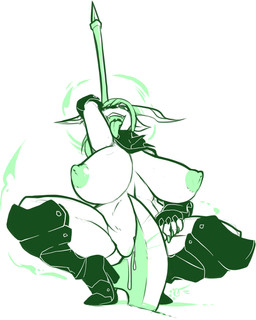 anthro axe big_breasts bodily_fluids breasts curvy_figure female genital_fluids huge_breasts looking_at_viewer melee_weapon nipples open_mouth smile solo thick_thighs tongue tongue_out vaginal_fluids voluptuous weapon jinti mammal 4:5 green_and_white monochrome