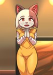 anthro clothing dress female hair happy looking_at_viewer mottled piebald prayer_hands solo standing whiskers barutan odd_taxi shiho_ichimura_(odd_taxi) calico_cat domestic_cat felid feline felis mammal absurd_res hi_res