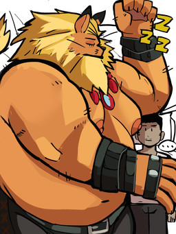 anthro belly blonde_hair bottomwear clothed clothing duo eyes_closed hair male mane moobs navel nipples overweight pants sleeping topless topless_anthro topless_male coolietf bandai_namco digimon digimon_(species) human leomon mammal 3:4 hi_res
