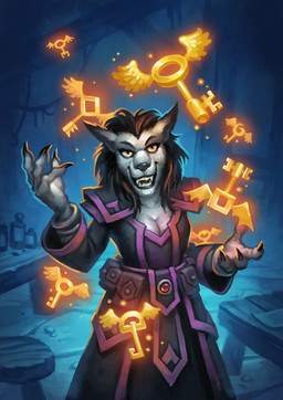 anthro black_hair bottle breasts clothing container dress female fur grey_body grey_fur hair key looking_up magic pouch_(clothing) red_eyes smile solo matt_dixon blizzard_entertainment hearthstone warcraft canid mammal werecanid werecreature worgen 2018 absurd_res hi_res official_art