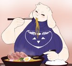 anthro big_breasts bowl breasts chopsticks chubby_cheeks closed_smile clothing collar container cutlery delta_rune_(emblem) eating eating_food egg eyes_closed feeding female fluffy_ears food fur happy holding_object horn kitchen_utensils meat mouth_closed nails noodles overweight overweight_anthro overweight_female rice shirt simple_background sitting slightly_chubby slightly_chubby_anthro slightly_chubby_female slurping smile solo soup spoon sweater symbol symbol_on_clothing tools topwear white_body white_fur jaypixi undertale undertale_(series) toriel bovid caprine goat humanoid mammal hi_res meme