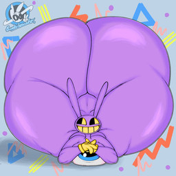 big_butt butt clothing gloves handwear huge_butt hyper hyper_butt male multicolored_eyes purple_body smile solo bumbsspaceship glitch_productions the_amazing_digital_circus jax_(tadc) humanoid lagomorph leporid mammal rabbit 1:1 source_request unavailable_at_source