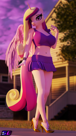 anklet anthro anthrofied bottomwear bracelet clothing crop_top female footwear high_heels horn jewelry looking_at_viewer midriff shirt shoes skirt solo sunset topwear wings shadowboltsfm friendship_is_magic hasbro my_little_pony mythology princess_cadance_(mlp) equid equine mammal mythological_creature mythological_equine winged_unicorn 3d_(artwork) 4k 9:16 absurd_res blender_(artwork) digital_media_(artwork) hi_res