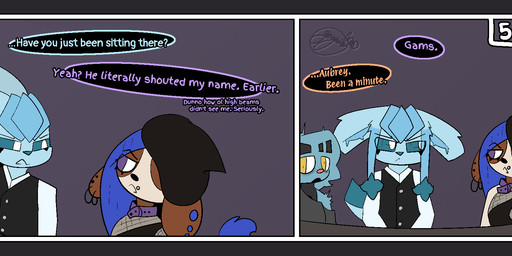 anthro anthrofied awkward blue_body blue_sclera border clothed clothing collar dark_sclera dialogue ear_piercing ear_ring facial_piercing female fishnet_clothing fur furniture gesture grey_border group hair hand_gesture hand_on_table headgear headwear hoop_ear_ring inside lip_piercing looking_away male one_eye_obstructed open_mouth piercing purple_eyes ring_piercing simple_background startled table tail text topwear trio vest white_eyes wide_eyed yellow_eyes gazaster nintendo pokemon aubrey/swatch_(gazaster) gams_(gazaster) lex_(gazaster) canid canine eeveelution felid feline generation_2_pokemon generation_4_pokemon glaceon mammal pokemon_(species) shinx smeargle 2025 comic digital_media_(artwork) english_text hi_res signature nonbinary_(lore)