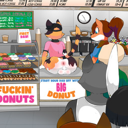 anthro anus backsack balls baseball_cap black_baseball_cap blush body_blush bottomless butt_blush calico_pattern chalkboard clothed clothing coffee_machine dessert doughnut eclair fast_food_employee fast_food_uniform female food food_stand genitals group hat headgear headwear male male/female pastry presenting presenting_anus profanity puffy_anus raised_tail rear_view sitting_on_counter tail text uniform unprofessional_behavior waiting_in_line tinydevilhorns dunkin'_donuts inkpenkitten canid canine canis domestic_cat domestic_dog felid feline felis fox lagomorph leporid mammal rabbit english_text hi_res