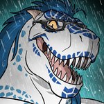 anthro eyewear glasses hair horn looking_at_viewer male raining scales solo teeth wet_hair wfa kaal_(secretkaal) dinosaur humanoid prehistoric_species reptile scalie theropod tyrannosaurid tyrannosauroid tyrannosaurus tyrannosaurus_rex 1:1 headshot_portrait low_res portrait