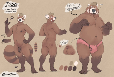 anthro balls brown_body brown_fur brown_hair brown_nipples brown_penis bulge butt clothing feet foreskin fur fur_markings genitals hair humanoid_genitalia humanoid_penis looking_at_viewer male markings nipples overweight overweight_anthro overweight_male penis pink_clothing pink_underwear simple_background tan_hair text tongue tongue_out underwear white_body white_fur minedoo ailurid bear mammal red_panda 2020 english_text model_sheet
