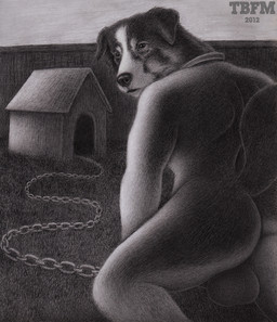 anthro backsack backyard balls bdsm big_balls butt chain collar detailed_background doghouse fence genitals grass looking_back male outside petplay plant realistic rear_view roleplay solo tbfm canid canine canis domestic_dog mammal 2012