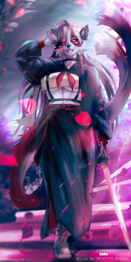 anthro belt choker cropped_hoodie eyelashes female fur hand_behind_head heart_nose heart_symbol jewelry katana melee_weapon necklace orange_eyes petals solo standing sword tail text weapon white_body white_fur chichi_art saiko_(zoe) felid mammal absurd_res english_text hi_res