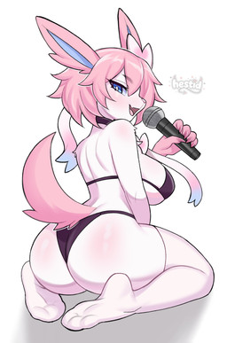 5_fingers anthro bangs big_breasts bikini black_bikini black_choker black_clothing black_jewelry black_necklace black_swimwear blue_eyes blue_pupils blush breasts butt chest_tuft choker claws clothing electronics eyelashes female fingers fur hair holding_microphone holding_object jewelry kneeling legwear looking_at_viewer looking_back looking_back_at_viewer microphone necklace open_mouth pink_claws pink_hair pink_nose pink_tail pose pupils ribbons_(anatomy) short_hair simple_background solo stockings swimwear tail tuft two-piece_swimsuit white_background white_body white_clothing white_fur white_legwear white_stockings hestid nintendo pokemon eeveelution generation_6_pokemon pokemon_(species) sylveon absurd_res colored digital_drawing_(artwork) digital_media_(artwork) hi_res pinup shaded