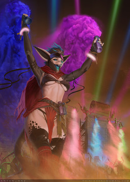 accessory anthro atmosphere bikini boots bra breasts clothing concert costume crowd dancing female festival footwear glowing group harness legwear lights medium_breasts night nipple_outline panties party performance rave shoes smoke solo spotlight stage stockings swimwear thigh_highs tongue two-piece_swimsuit under_boob underwear hnz krakka canid canine felid feline fox mammal colorful_theme