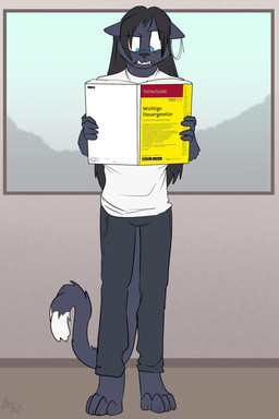 anthro biped black_body black_bottomwear black_clothing black_fur black_hair black_nose black_pants blue_eyes book bottomwear clothed clothing digitigrade dipstick_tail front_view fur hair holding_book holding_object inside long_hair male markings pants shirt solo tail tail_markings teeth text topwear white_clothing white_markings white_shirt white_topwear fuf domestic_cat felid feline felis mammal 2019 2:3 german_text hi_res translated