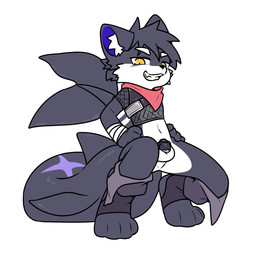 anthro balls bandage bandaged_arm black_body black_chastity_cage chastity_cage chastity_device chibi clothing crouching footwear genitals grin half-closed_eyes hands_on_hips kemono kerchief male narrowed_eyes navel nub_chastity_cage simple_background smile socks solid_chastity_cage solo stirrup_socks stylized_chastity_cage three-quarter_view topwear wearing_chastity_cage wearing_chastity_device white_background yellow_eyes young young_anthro morria_a sparkin_sky catshark 1:1 hi_res