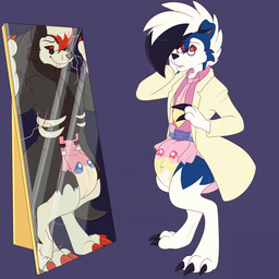 accessory anthro big_diaper black_body blue_body claws clean_diaper clothed clothing coat diaper doctor duo eyewear finger_claws fur glasses lab_coat male male_anthro mirror multicolored_body multicolored_fur necktie print_diaper purple_background shirt side_view simple_background standing toe_claws topwear wearing_diaper wearing_glasses white_body xchiseaxmargaritax nintendo pokemon generation_7_pokemon lycanroc midnight_lycanroc pokemon_(species) 1:1 hi_res