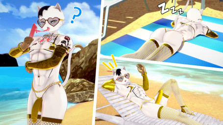 abs anthro arm_stockings arm_tattoo beach big_butt big_penis bikini black_hair bracelet butt chain chair chest_tattoo clothed clothing crossdressing crossdressing_male erection eyewear flaccid food fur furniture genitals gold_(metal) gold_bikini gold_chain hair heart_sunglasses heterochromia jewelry legwear lounge_chair male navel navel_piercing penis penis_under_bikini piercing popsicle popsicle_melting question_mark sleeping solo stockings sunglasses swimwear tail tattoo two-piece_swimsuit white_body white_fur yellow_eyes hiderlink20 epic_games fortnite koikatsu meowdas domestic_cat felid feline felis mammal 16:9 3d_(artwork) 4k absurd_res comic digital_media_(artwork) hi_res widescreen