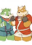 anthro clothed clothing duo fur green_body green_fur humanoid_hands male robe simple_background slightly_chubby white_background ayame42612 the_spicy_ninja_scrolls shichimi_(the_spicy_ninja_scrolls) wasabi_(the_spicy_ninja_scrolls) canid canine mammal 2017 unavailable_at_source