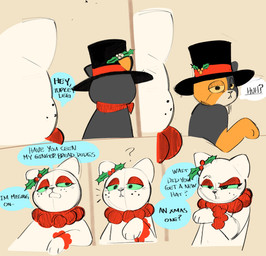 anthro black_body black_clothing black_ears black_eyes black_fur black_hat black_headwear black_top_hat bow_tie clothing confusion dialogue duo eyebrows eyelashes eyeshadow female food freckled_face freckles front_view fur green_sclera half-closed_eyes hat headgear headwear holidays holly_(plant) long_eyelashes looking_at_another looking_back makeup male mismatched_ears multicolored_body multicolored_fur narrowed_eyes orange_body orange_ears orange_fur orange_sclera plant question_mark raised_eyebrow rear_view red_bow_tie red_clothing red_eyeshadow red_hat red_headwear red_top_hat standing tan_body tan_fur text three-quarter_view two_tone_hat two_tone_top_hat white_body white_ears white_fur sushiamazing christmas junipurr turkitty domestic_cat elemental_creature felid feline felis flora_fauna food_creature mammal 2025 comic digital_media_(artwork) english_text hi_res