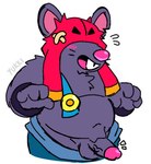 anthro belly blush blush_lines clothing ears_through_headwear eyeless genitals headgear headwear male open_mouth penis simple_background slightly_chubby solo yukkisukki unknown_artist brawl_stars supercell_(company) moe_(brawl_stars) mammal murid murine rat rodent