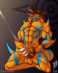 abs anthro balls ejaculation erection eyes_closed foreskin genitals kneeling male muscular nipples nude orgasm pecs penis retracted_foreskin roaring solo tail tongue iudicium86 bandai_namco digimon digimon_(species) dinosaur geogreymon prehistoric_species reptile scalie 4:5 hi_res