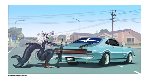 anthro australian_flag beverage_can big_breasts big_butt bikini blue_car bodily_fluids breasts building butt car clothing crouching detailed_background emoji eureka_flag eyebrows eyelashes female fin fn_fal footwear gold_bikini grey_body hair high_heels holden_monaro house huge_breasts looking_at_viewer mostly_nude mostly_nude_anthro mostly_nude_female multicolored_body multicolored_hair muscle_car nipples non-mammal_breasts non-mammal_nipples outside plant ponytail pose power_lines red_clothing red_eyes red_footwear red_hair red_high_heels red_stripes road sharp_teeth shoes sky smile solo street_lamp stripes suburbs sweat swimwear tail tail_fin teeth text thick_thighs traffic_light tree two-piece_swimsuit two_tone_body vehicle white_eyebrows white_hair tianiseul fn_herstal holden_(manufacturer) sasha_(tiger74005) aquatic fish requiem_shark shark tiger_shark 2026 digital_drawing_(artwork) digital_media_(artwork) hi_res pinup shaded url
